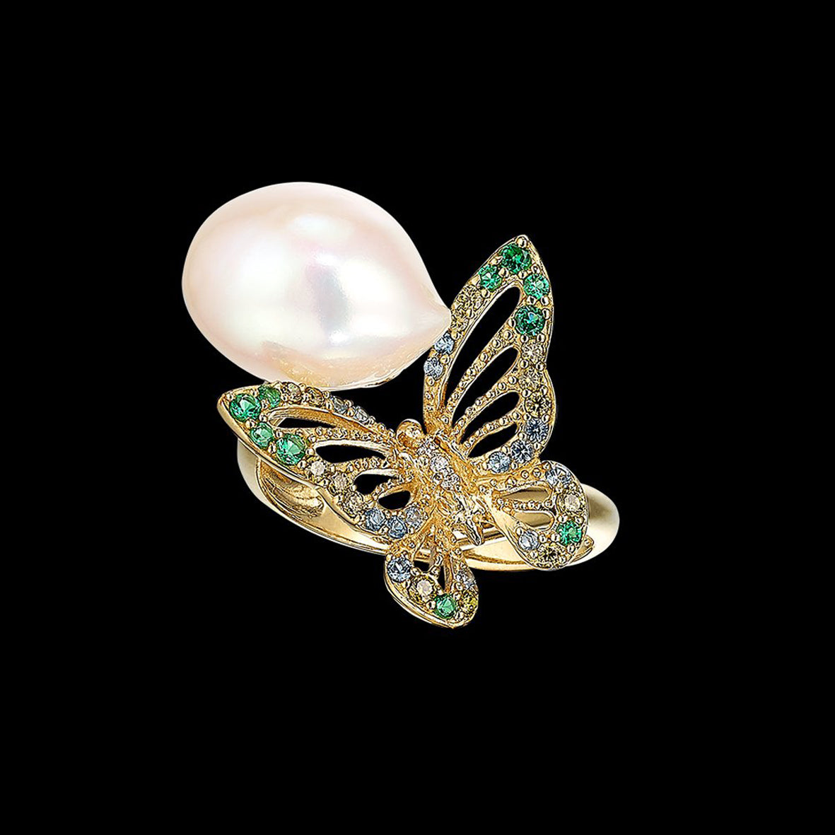 Gold, Black Enamel and Cultured Pearl Ring