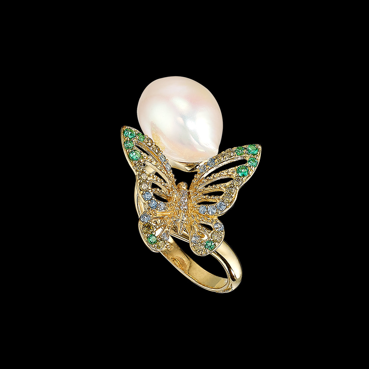 Gold Butterfly Pearl Ring, Ring, Anabela Chan Joaillerie - Fine jewelry with laboratory grown and created gemstones hand-crafted in the United Kingdom. Anabela Chan Joaillerie is the first fine jewellery brand in the world to champion laboratory-grown and created gemstones with high jewellery design, artisanal craftsmanship and a focus on ethical and sustainable innovations.