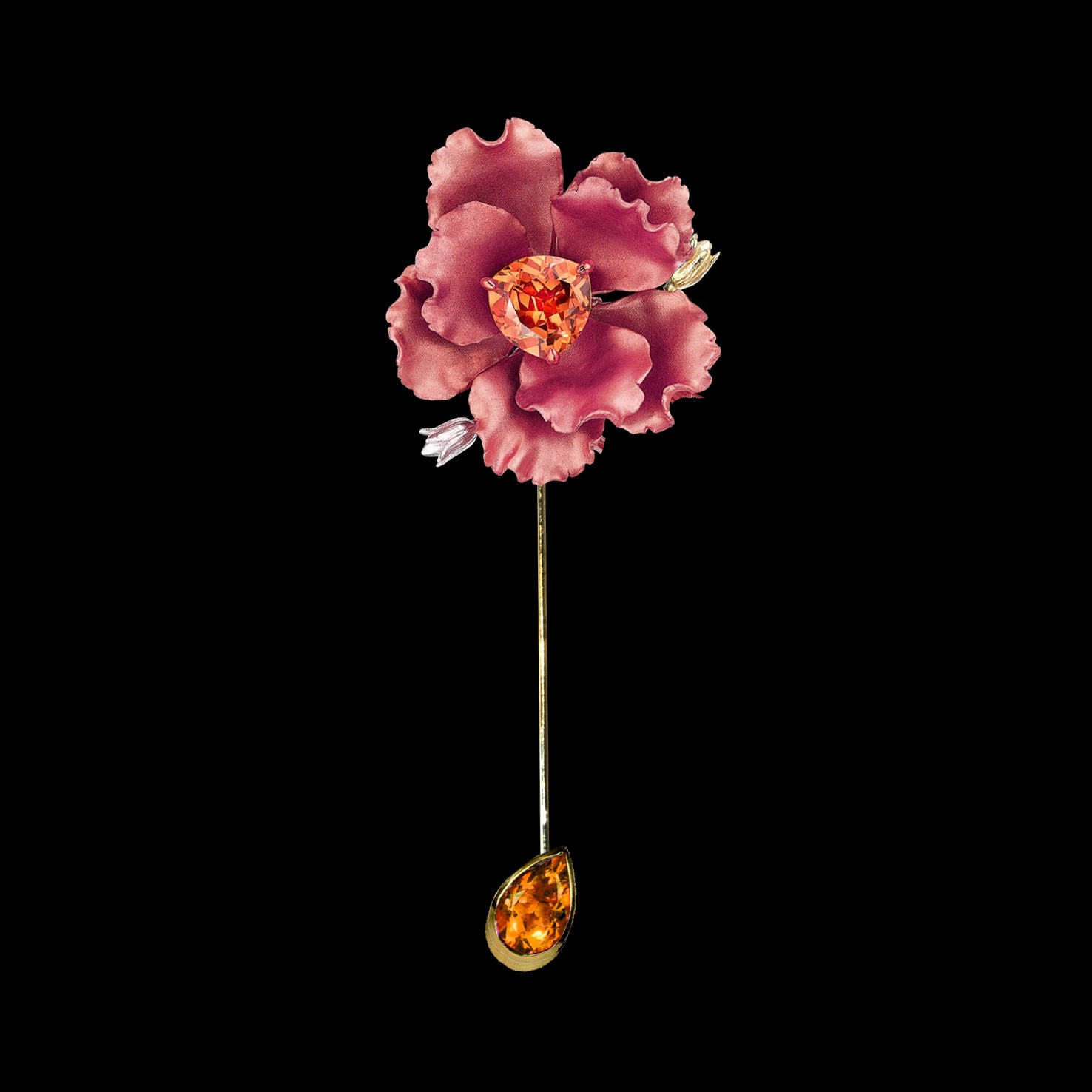 Padparadscha Parrot Bloom Pin, Brooch, Anabela Chan Joaillerie - Fine jewelry with laboratory grown and created gemstones hand-crafted in the United Kingdom. Anabela Chan Joaillerie is the first fine jewellery brand in the world to champion laboratory-grown and created gemstones with high jewellery design, artisanal craftsmanship and a focus on ethical and sustainable innovations.