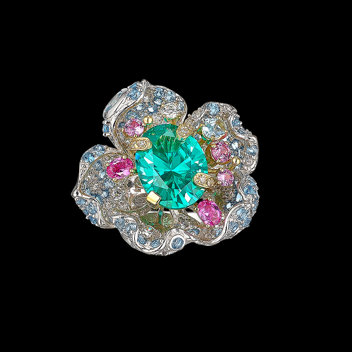 Paraiba Bloom Ring, Ring, Anabela Chan Joaillerie - Fine jewelry with laboratory grown and created gemstones hand-crafted in the United Kingdom. Anabela Chan Joaillerie is the first fine jewellery brand in the world to champion laboratory-grown and created gemstones with high jewellery design, artisanal craftsmanship and a focus on ethical and sustainable innovations.