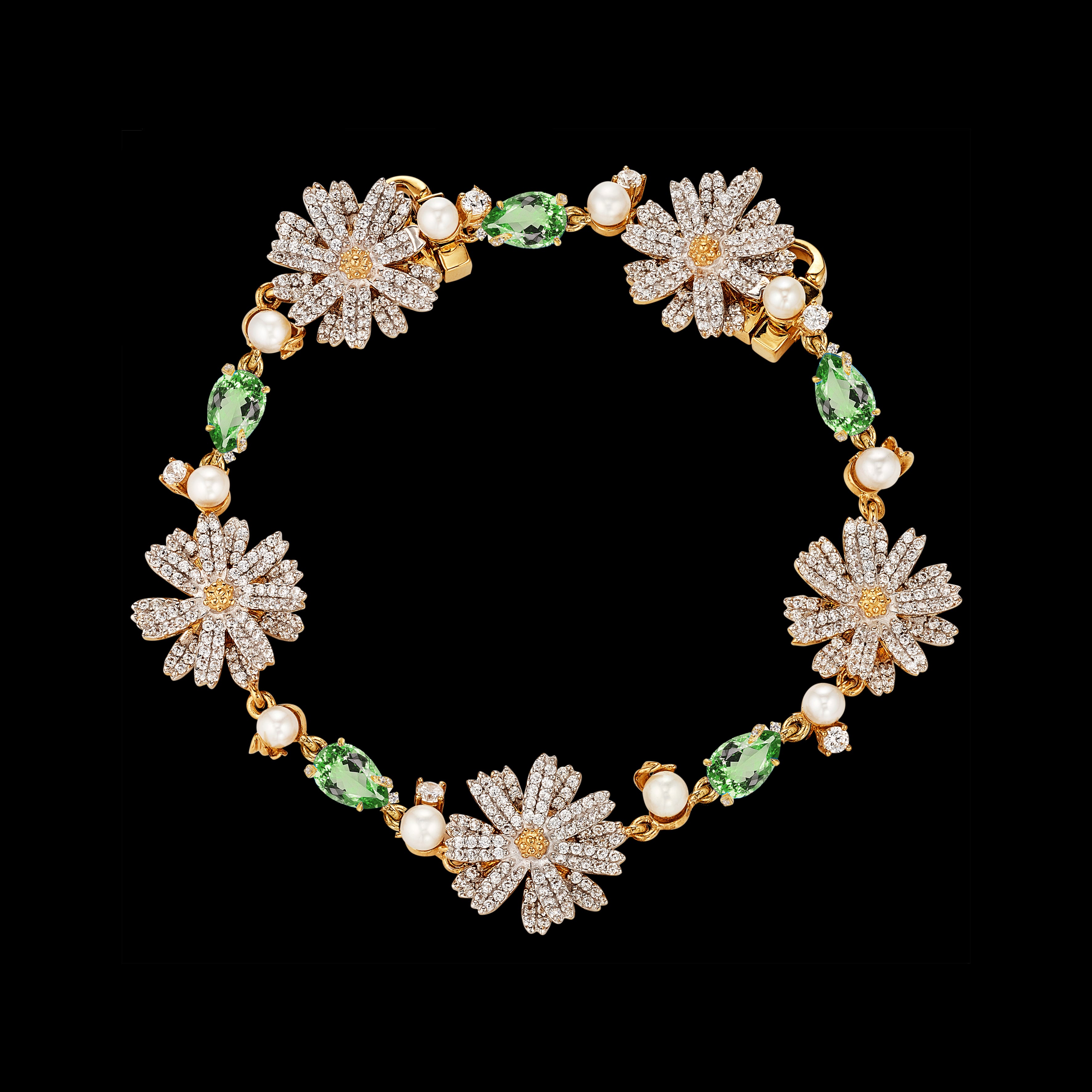 Peridot Daisy Diamond Bracelet, Bracelet, Anabela Chan Joaillerie - Fine jewelry with laboratory grown and created gemstones hand-crafted in the United Kingdom. Anabela Chan Joaillerie is the first fine jewellery brand in the world to champion laboratory-grown and created gemstones with high jewellery design, artisanal craftsmanship and a focus on ethical and sustainable innovations.