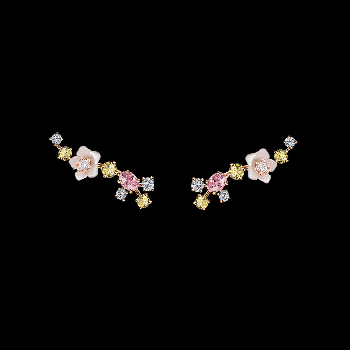 Rose Floral Ear Climbers, Earring, Anabela Chan Joaillerie - Fine jewelry with laboratory grown and created gemstones hand-crafted in the United Kingdom. Anabela Chan Joaillerie is the first fine jewellery brand in the world to champion laboratory-grown and created gemstones with high jewellery design, artisanal craftsmanship and a focus on ethical and sustainable innovations.