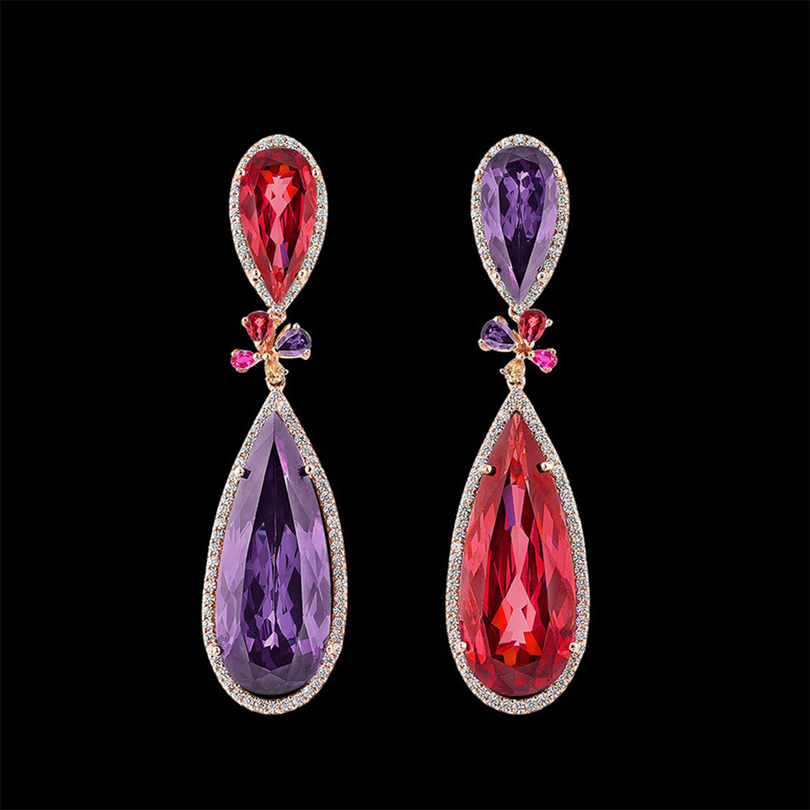 Ruby Amethyst Papillon Earrings, Earring, Anabela Chan Joaillerie - Fine jewelry with laboratory grown and created gemstones hand-crafted in the United Kingdom. Anabela Chan Joaillerie is the first fine jewellery brand in the world to champion laboratory-grown and created gemstones with high jewellery design, artisanal craftsmanship and a focus on ethical and sustainable innovations.