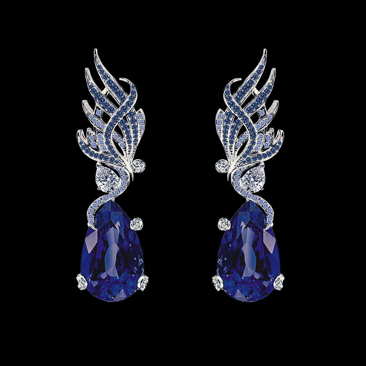 Sapphire Feather Earrings, Earring, Anabela Chan Joaillerie - Fine jewelry with laboratory grown and created gemstones hand-crafted in the United Kingdom. Anabela Chan Joaillerie is the first fine jewellery brand in the world to champion laboratory-grown and created gemstones with high jewellery design, artisanal craftsmanship and a focus on ethical and sustainable innovations.