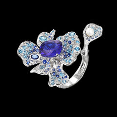 Sapphire Peony Ring, Ring, Anabela Chan Joaillerie - Fine jewelry with laboratory grown and created gemstones hand-crafted in the United Kingdom. Anabela Chan Joaillerie is the first fine jewellery brand in the world to champion laboratory-grown and created gemstones with high jewellery design, artisanal craftsmanship and a focus on ethical and sustainable innovations.