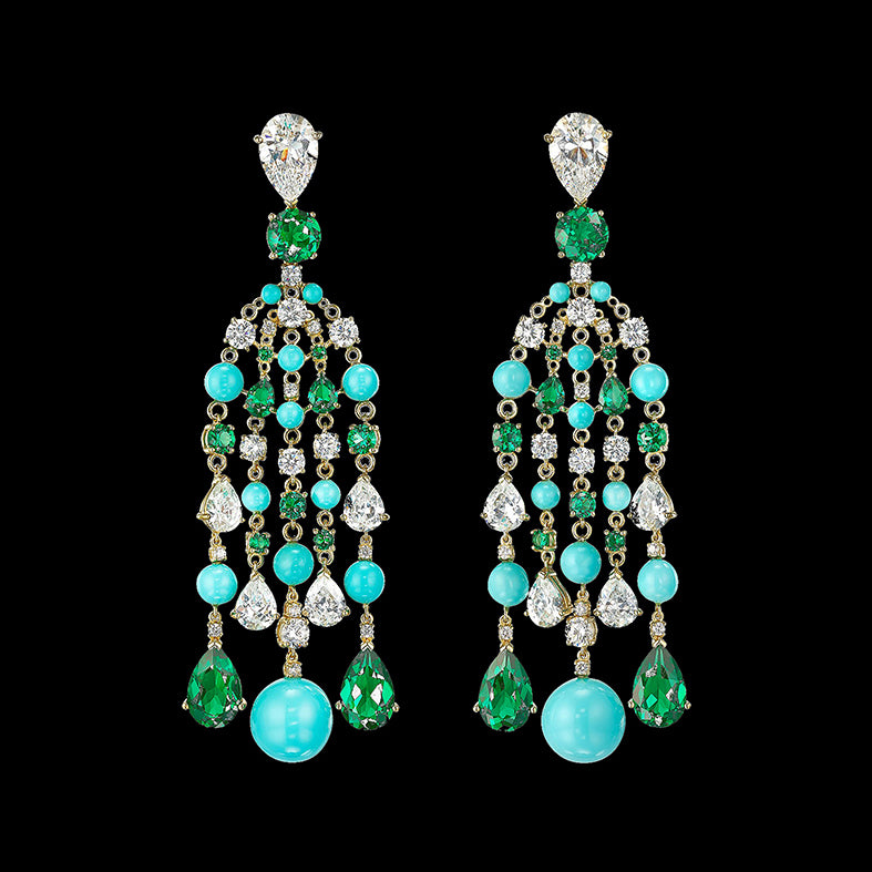 Turquoise Emerald Raindrop Earrings, Earring, Anabela Chan Joaillerie - Fine jewelry with laboratory grown and created gemstones hand-crafted in the United Kingdom. Anabela Chan Joaillerie is the first fine jewellery brand in the world to champion laboratory-grown and created gemstones with high jewellery design, artisanal craftsmanship and a focus on ethical and sustainable innovations.