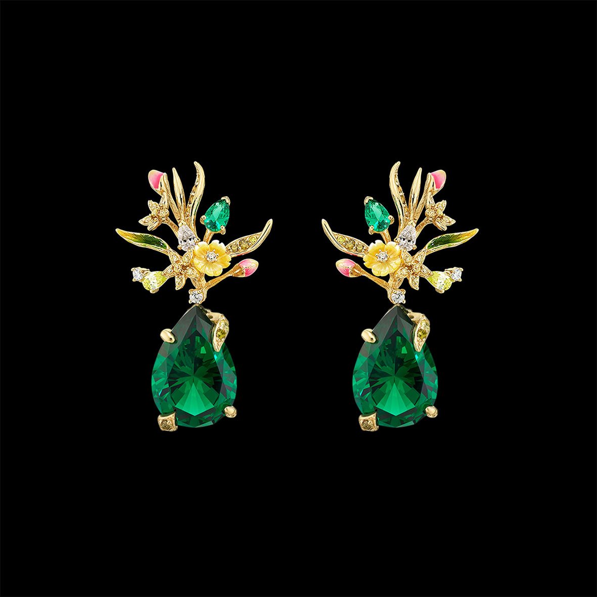 Mini Posie Emerald Earrings, Earring, Anabela Chan Joaillerie - Fine jewelry with laboratory grown and created gemstones hand-crafted in the United Kingdom. Anabela Chan Joaillerie is the first fine jewellery brand in the world to champion laboratory-grown and created gemstones with high jewellery design, artisanal craftsmanship and a focus on ethical and sustainable innovations.