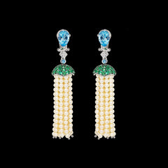 Aqua Pearl Tassel Earrings, Earring, Anabela Chan Joaillerie - Fine jewelry with laboratory grown and created gemstones hand-crafted in the United Kingdom. Anabela Chan Joaillerie is the first fine jewellery brand in the world to champion laboratory-grown and created gemstones with high jewellery design, artisanal craftsmanship and a focus on ethical and sustainable innovations.