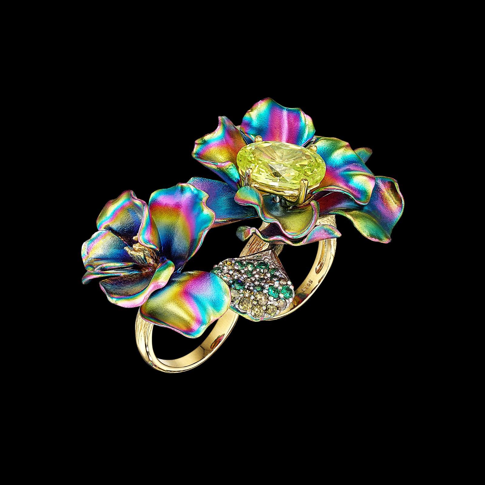 Citrus Rainbow Flower Ring, Ring, Anabela Chan Joaillerie - Fine jewelry with laboratory grown and created gemstones hand-crafted in the United Kingdom. Anabela Chan Joaillerie is the first fine jewellery brand in the world to champion laboratory-grown and created gemstones with high jewellery design, artisanal craftsmanship and a focus on ethical and sustainable innovations.