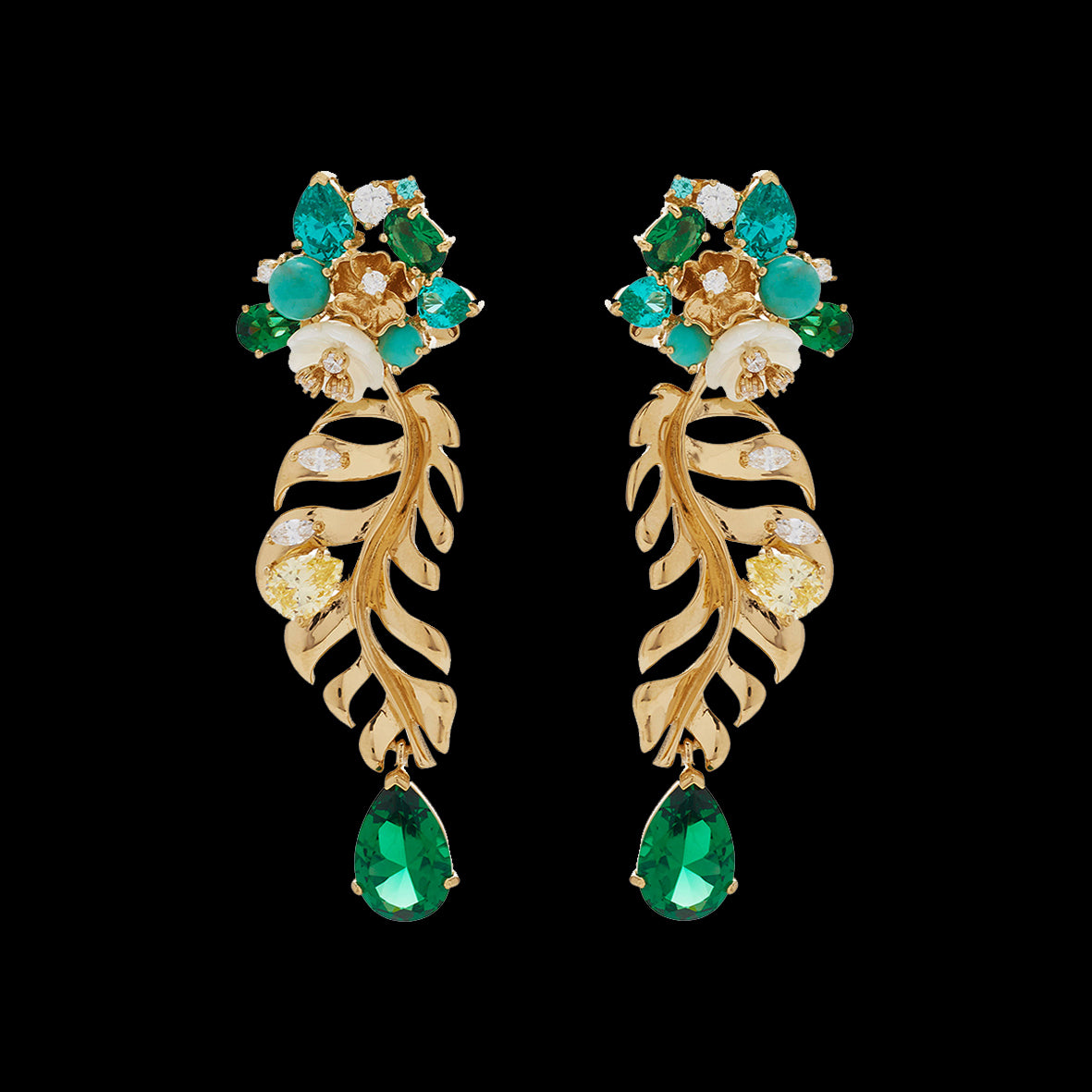 Emerald Palm Earrings, Earring, Anabela Chan Joaillerie - Fine jewelry with laboratory grown and created gemstones hand-crafted in the United Kingdom. Anabela Chan Joaillerie is the first fine jewellery brand in the world to champion laboratory-grown and created gemstones with high jewellery design, artisanal craftsmanship and a focus on ethical and sustainable innovations.