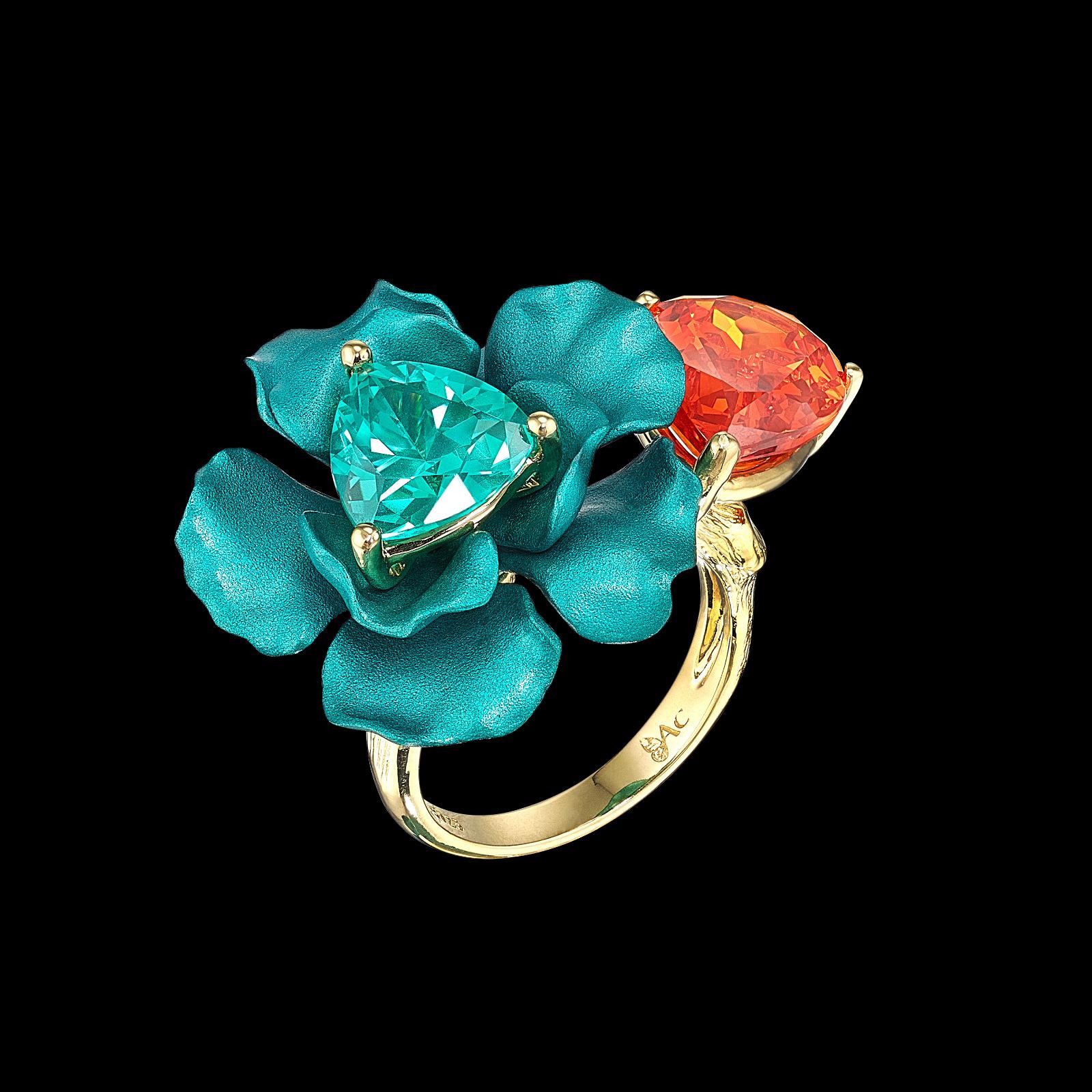 Mandarin Paraiba Bloom Ring, Ring, Anabela Chan Joaillerie - Fine jewelry with laboratory grown and created gemstones hand-crafted in the United Kingdom. Anabela Chan Joaillerie is the first fine jewellery brand in the world to champion laboratory-grown and created gemstones with high jewellery design, artisanal craftsmanship and a focus on ethical and sustainable innovations.