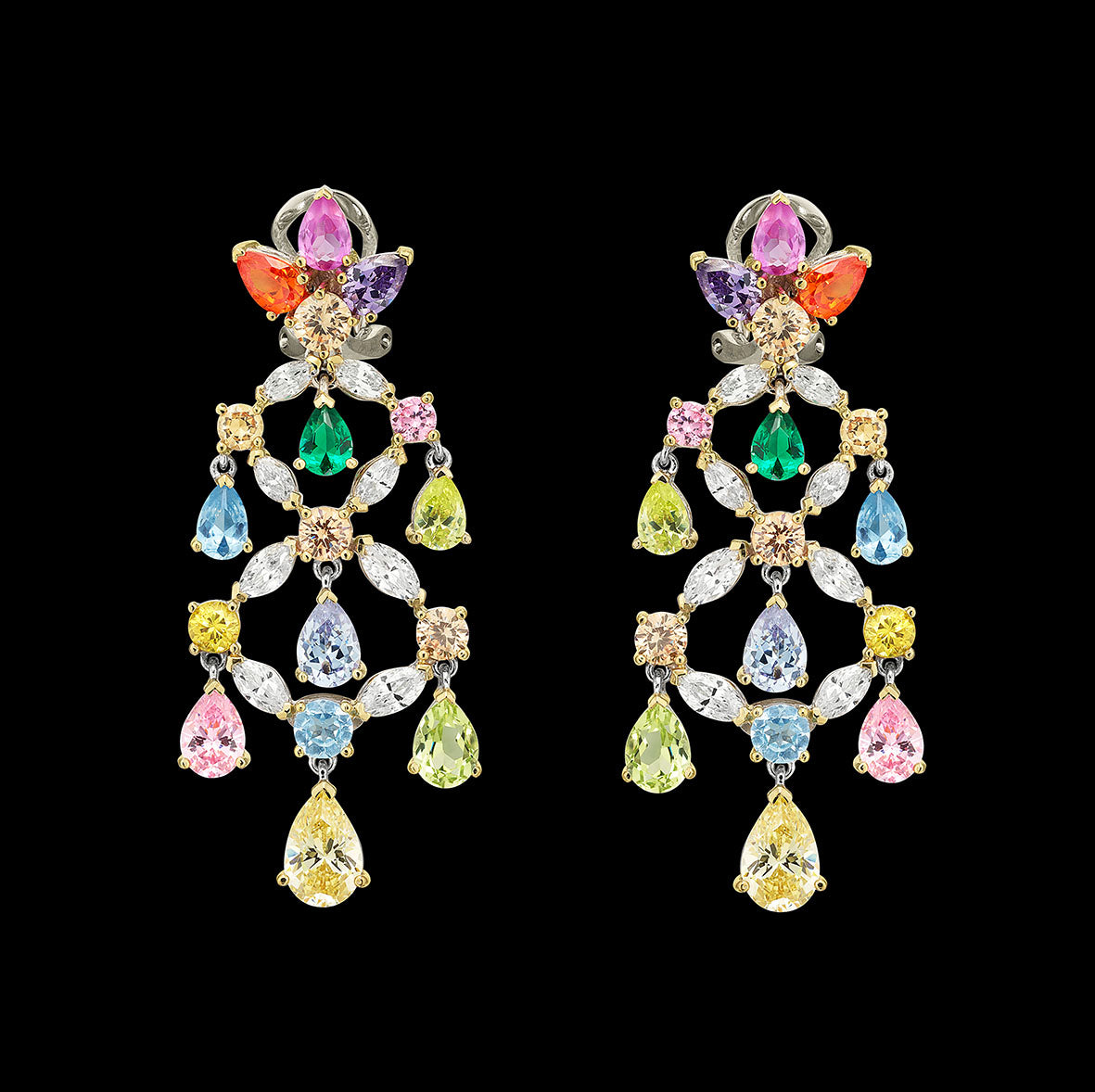 Rainbow Chandelier Earrings, Earring, Anabela Chan Joaillerie - Fine jewelry with laboratory grown and created gemstones hand-crafted in the United Kingdom. Anabela Chan Joaillerie is the first fine jewellery brand in the world to champion laboratory-grown and created gemstones with high jewellery design, artisanal craftsmanship and a focus on ethical and sustainable innovations.