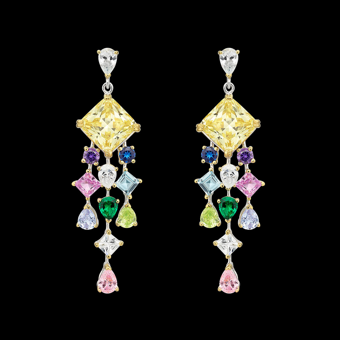 Rainbow Asscher Drop Earrings, Earring, Anabela Chan Joaillerie - Fine jewelry with laboratory grown and created gemstones hand-crafted in the United Kingdom. Anabela Chan Joaillerie is the first fine jewellery brand in the world to champion laboratory-grown and created gemstones with high jewellery design, artisanal craftsmanship and a focus on ethical and sustainable innovations.