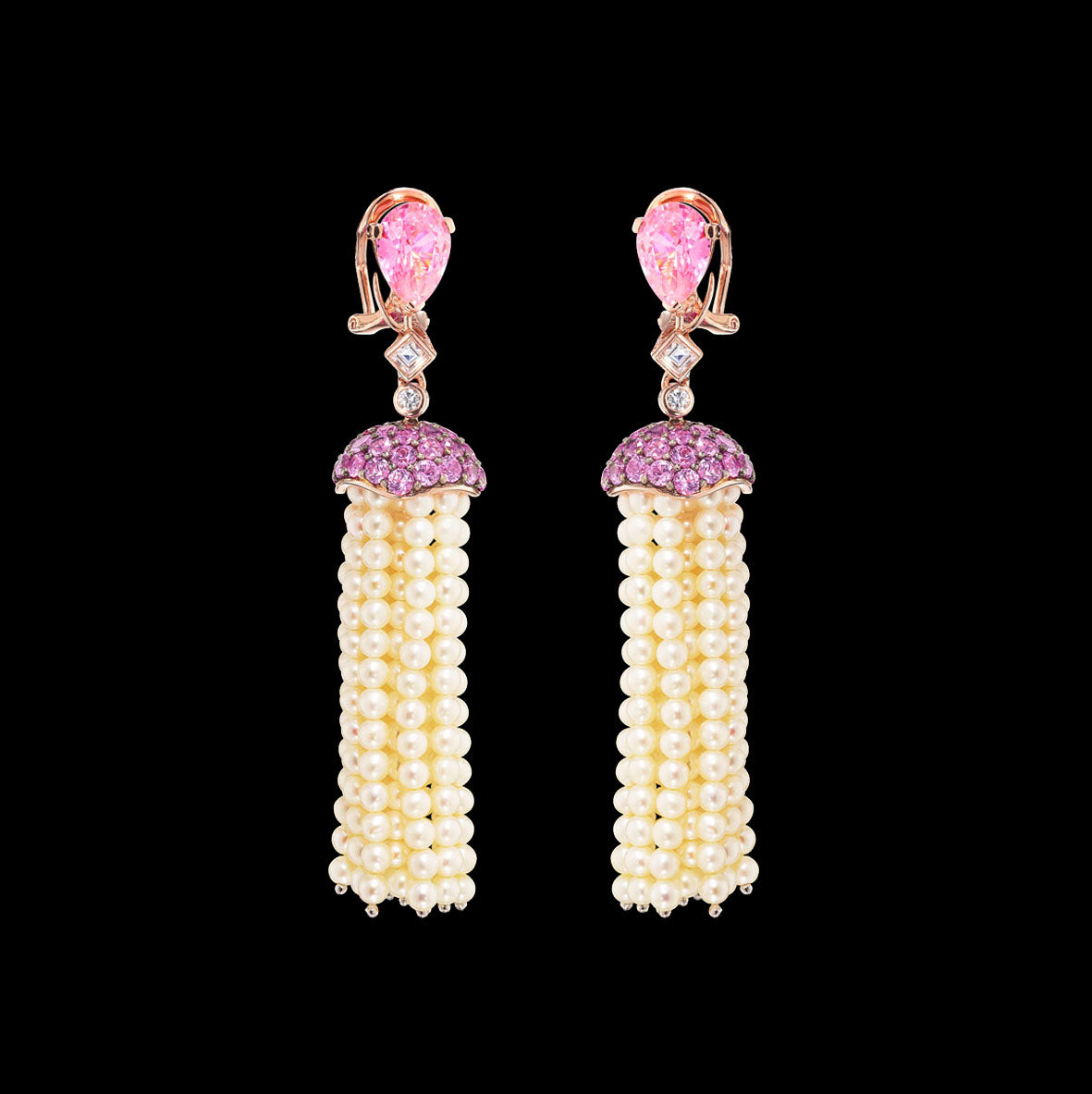 Rose Sapphire Pearl Tassel Earrings, Earring, Anabela Chan Joaillerie - Fine jewelry with laboratory grown and created gemstones hand-crafted in the United Kingdom. Anabela Chan Joaillerie is the first fine jewellery brand in the world to champion laboratory-grown and created gemstones with high jewellery design, artisanal craftsmanship and a focus on ethical and sustainable innovations.