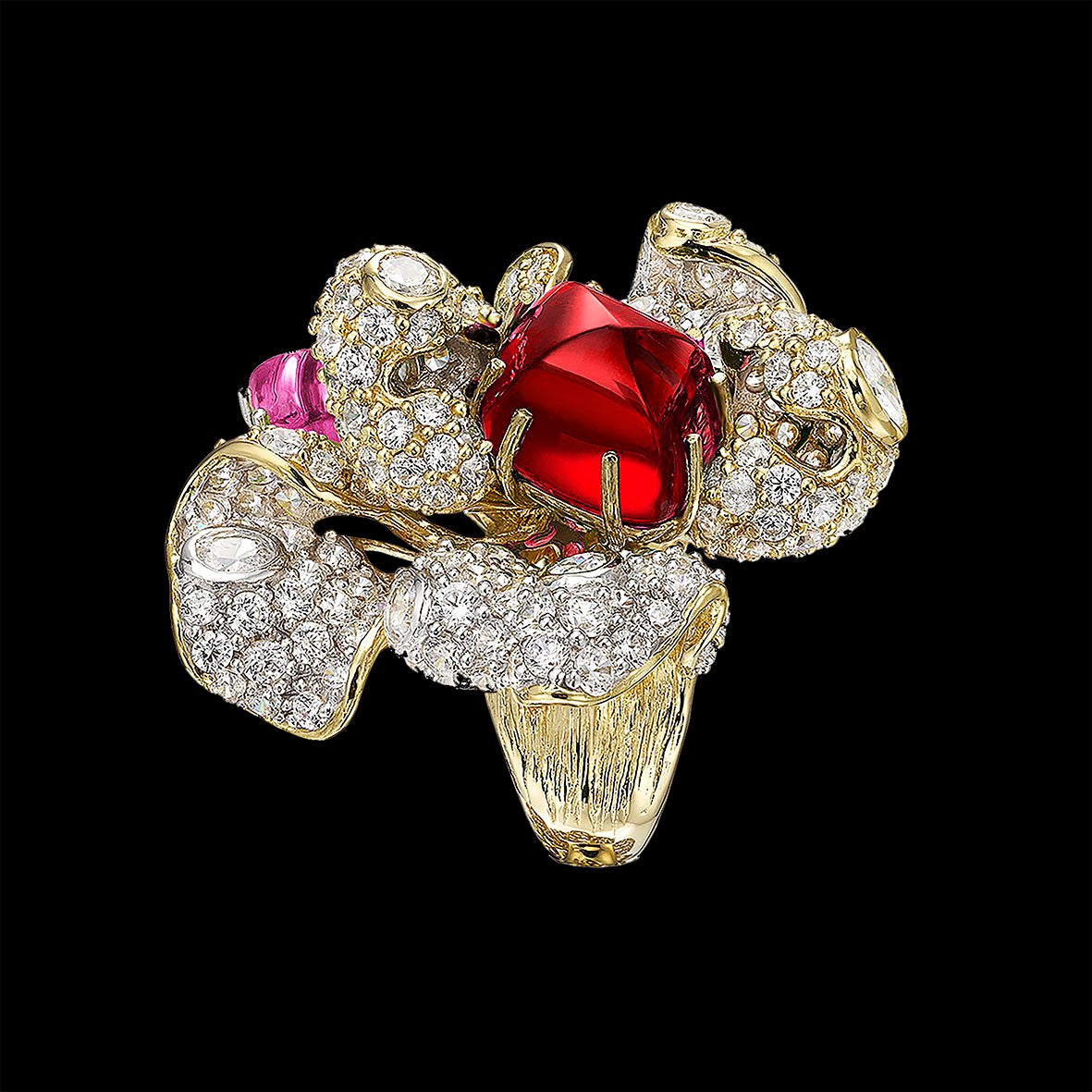 Ruby Blossom Ring, Ring, Anabela Chan Joaillerie - Fine jewelry with laboratory grown and created gemstones hand-crafted in the United Kingdom. Anabela Chan Joaillerie is the first fine jewellery brand in the world to champion laboratory-grown and created gemstones with high jewellery design, artisanal craftsmanship and a focus on ethical and sustainable innovations.