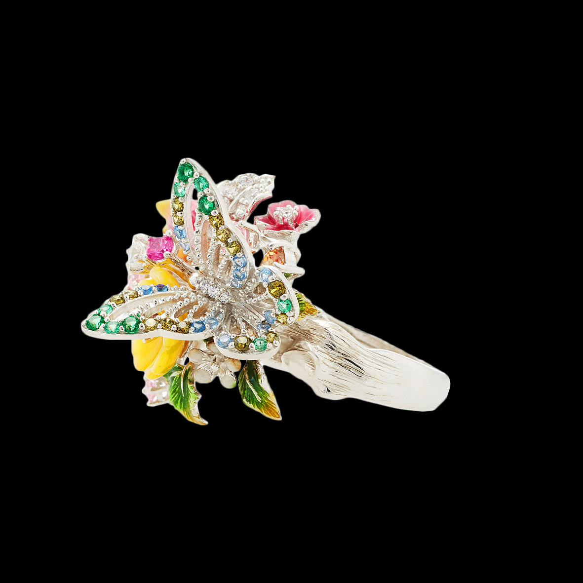 White Butterfly Bouquet Ring, Ring, Anabela Chan Joaillerie - Fine jewelry with laboratory grown and created gemstones hand-crafted in the United Kingdom. Anabela Chan Joaillerie is the first fine jewellery brand in the world to champion laboratory-grown and created gemstones with high jewellery design, artisanal craftsmanship and a focus on ethical and sustainable innovations.