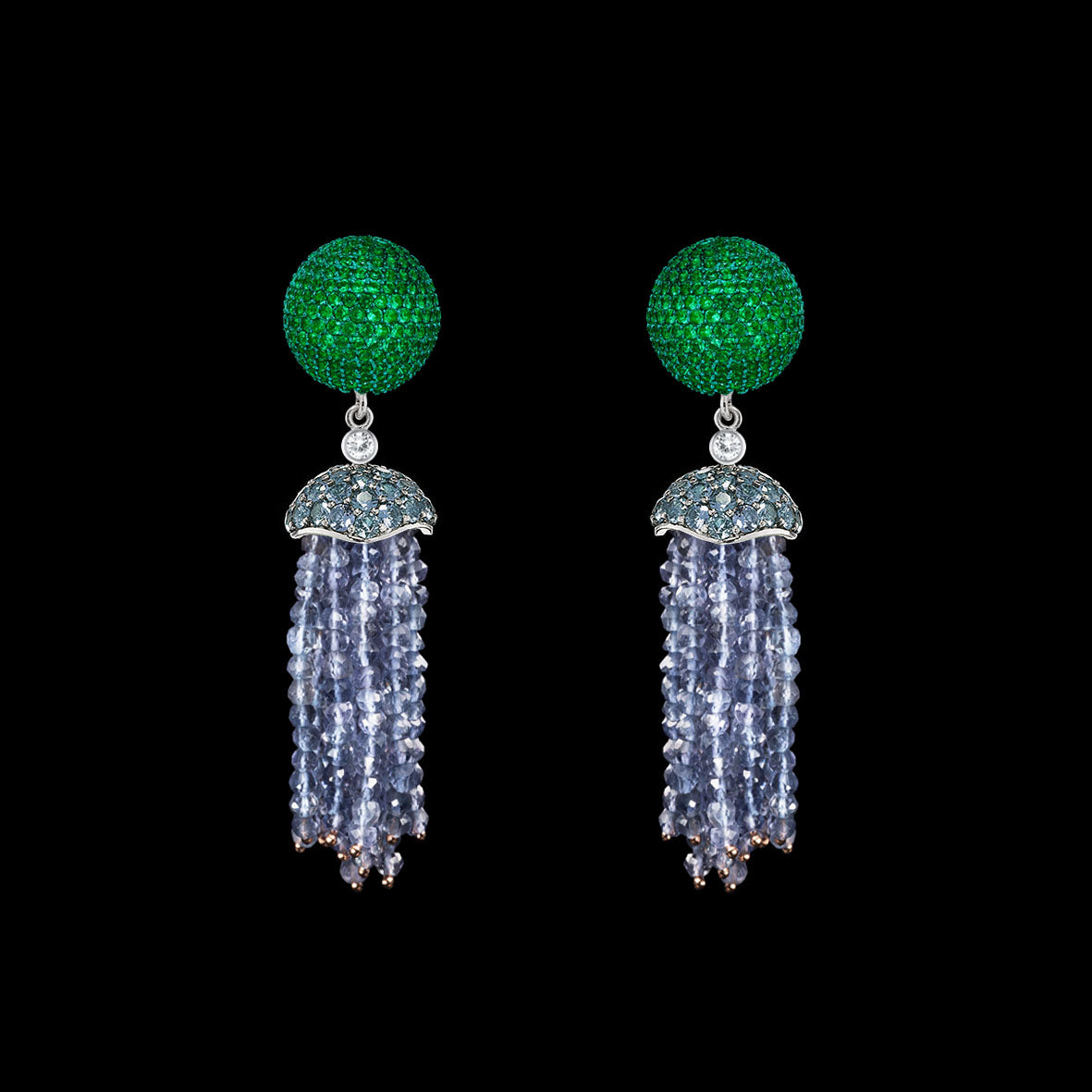 Emerald Bauble Tassel Earrings, Earring, Anabela Chan Joaillerie - Fine jewelry with laboratory grown and created gemstones hand-crafted in the United Kingdom. Anabela Chan Joaillerie is the first fine jewellery brand in the world to champion laboratory-grown and created gemstones with high jewellery design, artisanal craftsmanship and a focus on ethical and sustainable innovations.