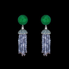 Emerald Bauble Tassel Earrings, Earring, Anabela Chan Joaillerie - Fine jewelry with laboratory grown and created gemstones hand-crafted in the United Kingdom. Anabela Chan Joaillerie is the first fine jewellery brand in the world to champion laboratory-grown and created gemstones with high jewellery design, artisanal craftsmanship and a focus on ethical and sustainable innovations.