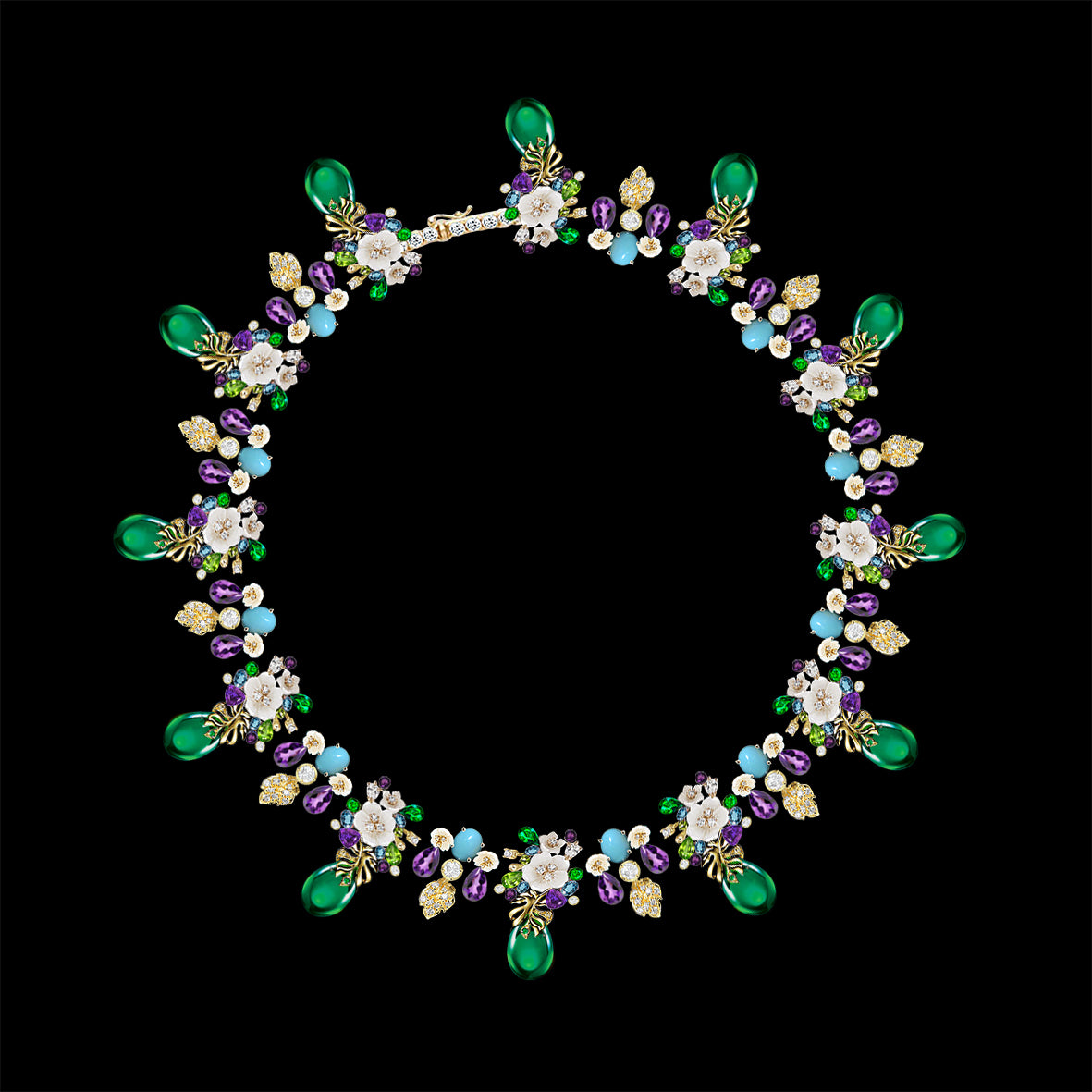 Emerald Amethyst Palm Paradise Necklace, Necklace, Anabela Chan Joaillerie - Fine jewelry with laboratory grown and created gemstones hand-crafted in the United Kingdom. Anabela Chan Joaillerie is the first fine jewellery brand in the world to champion laboratory-grown and created gemstones with high jewellery design, artisanal craftsmanship and a focus on ethical and sustainable innovations.