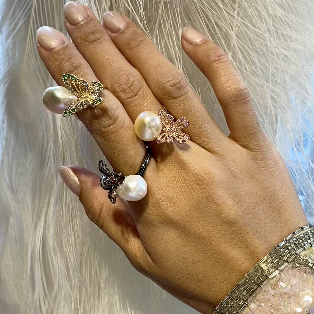 White Butterfly Pearl Ring