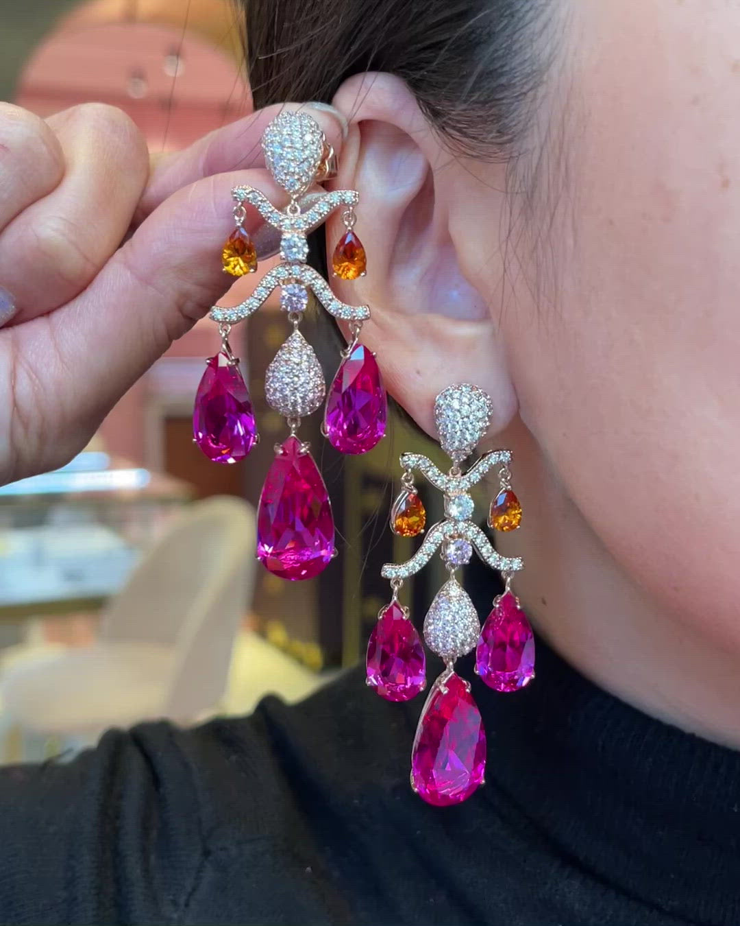 Fuchsia Sapphire Chandelier Earrings