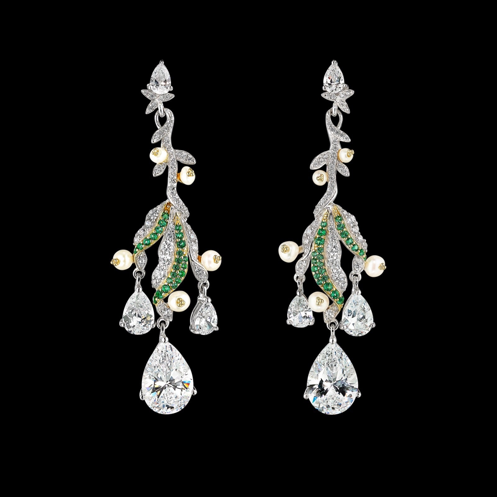 Gold Plated Pearl Emerald Sapphire Earrings on Silver ER 380