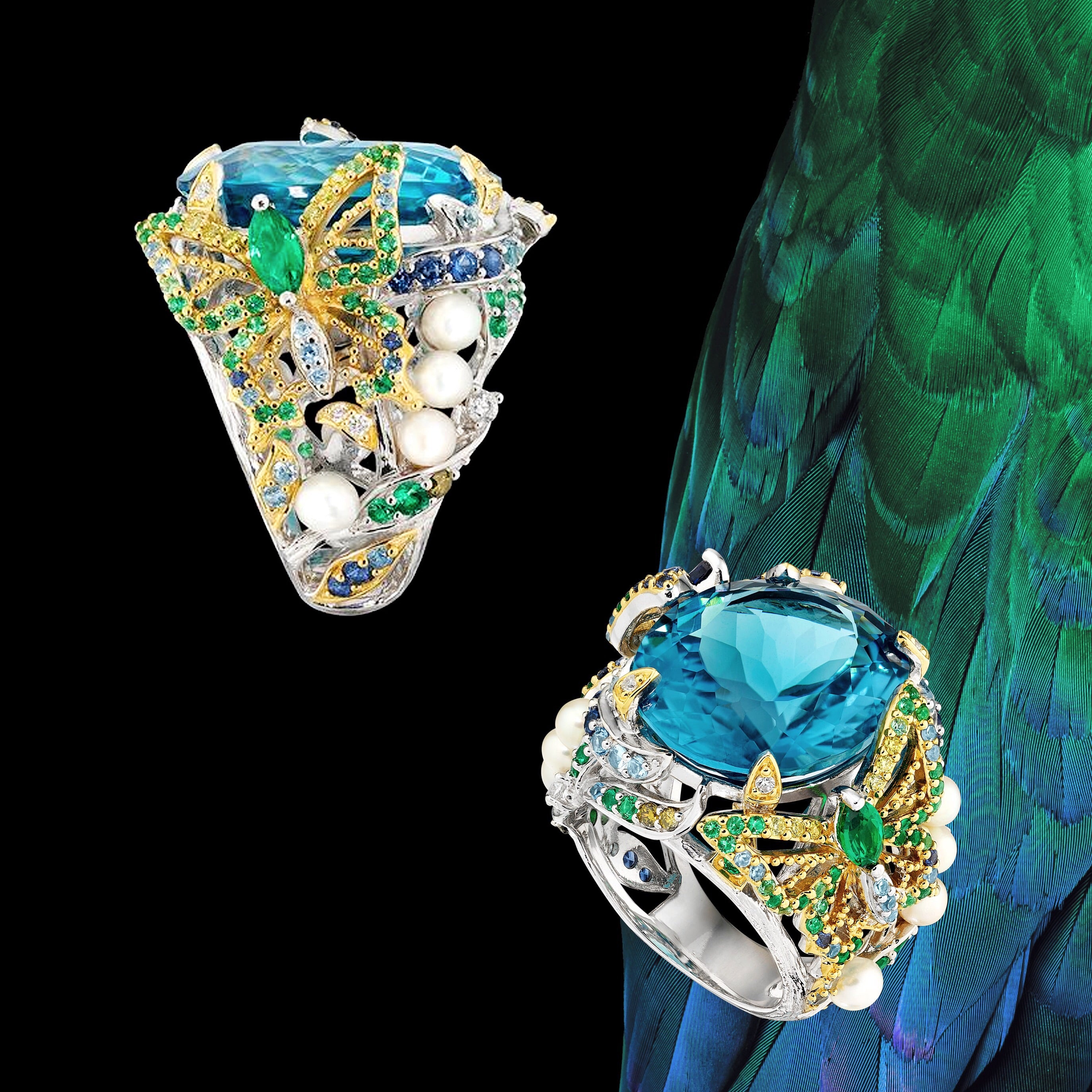 Aqua Swallowtail Ring, Ring, Anabela Chan Joaillerie - Fine jewelry with laboratory grown and created gemstones hand-crafted in the United Kingdom. Anabela Chan Joaillerie is the first fine jewellery brand in the world to champion laboratory-grown and created gemstones with high jewellery design, artisanal craftsmanship and a focus on ethical and sustainable innovations.
